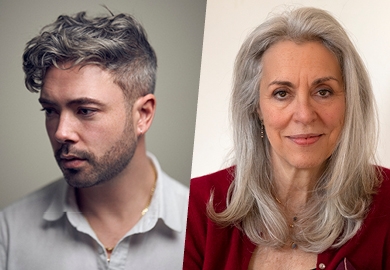 A collage of two headshots: A person with a short beard wearing a white collared shirt looking to the side, and a person with shoulder-length grey hair looking at the camera