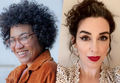 In a collage of two headshots: a person with curly hair and glasses, and a person with hair in a bun and red lipstick
