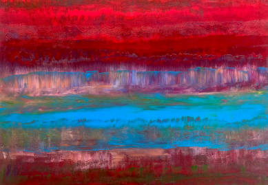 Shades of red, pink, blue, and green are combined together on a canvas.