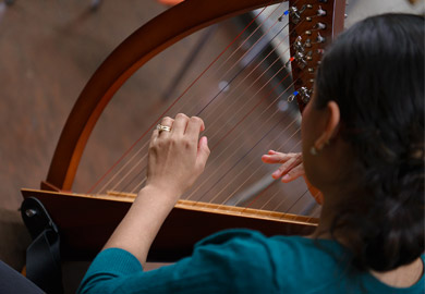 A person in a teal sweater plays a harp